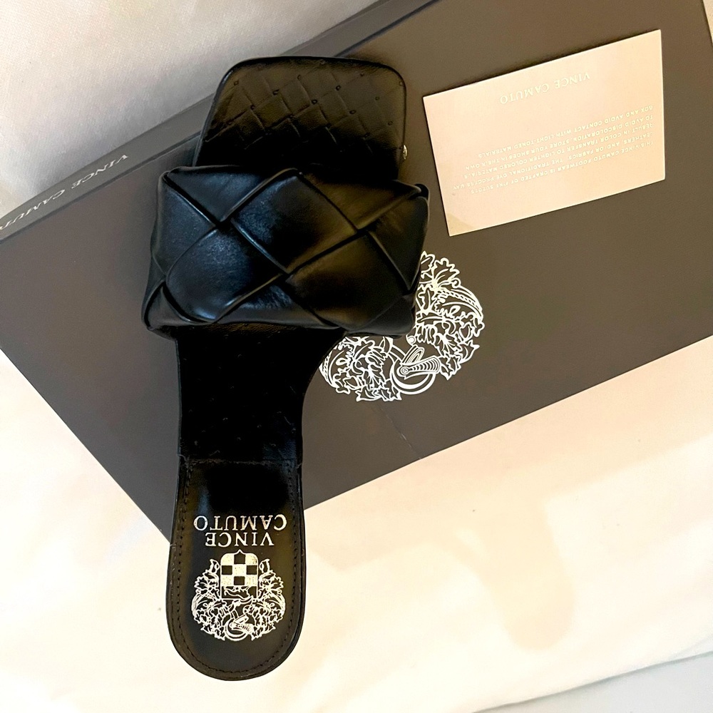 Vince Camuto Brelanie Heel   Black leather mules 6.5 new with box.  Open toe